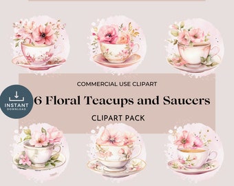 Cottagecore Teacups Clipart: Watercolor Floral PNG Set (Commercial Use)