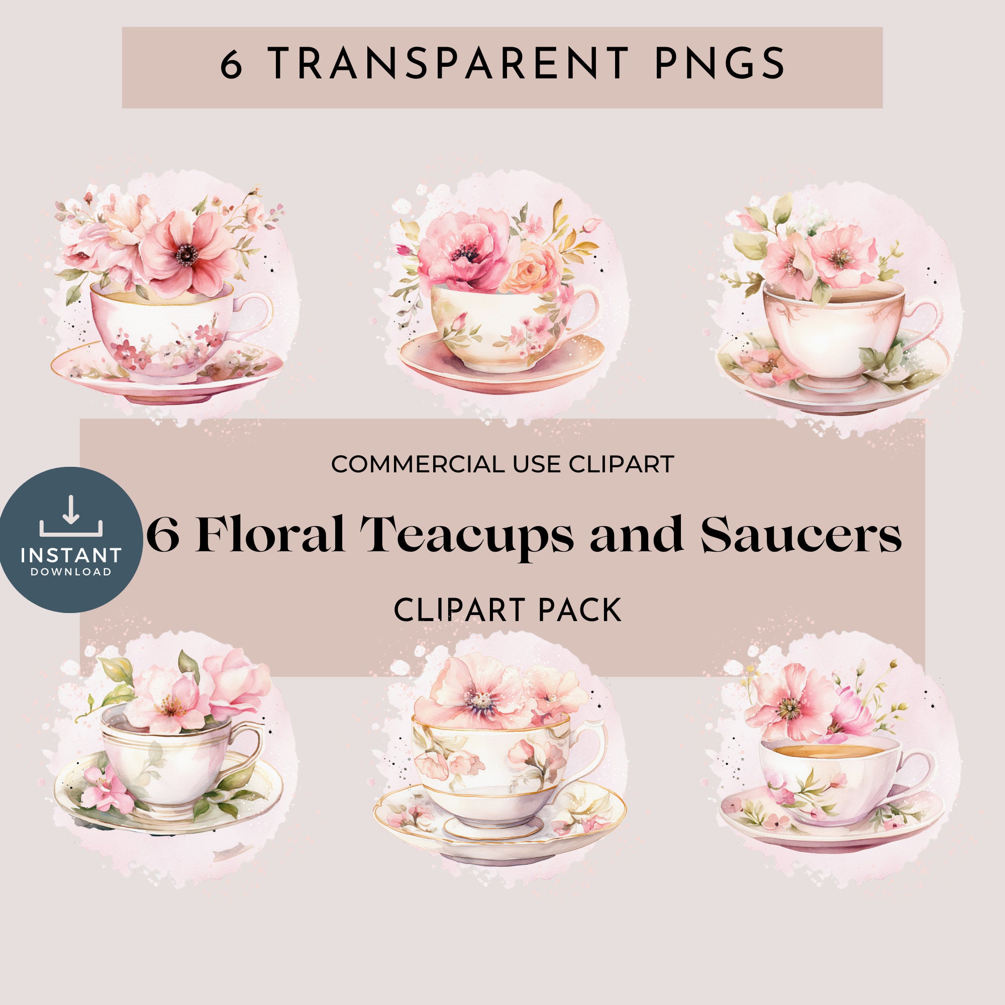 Tea Cup Clipart Set Vintage Tea and Coffee Cups Teacup Flat Images  Commercial Use Allowed INSTANT DOWNLOAD 34 .PNG Images 