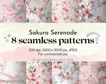 Patrones sin costuras de acuarela de Sakura: Papel digital de flor de cerezo japonesa (licencia comercial)