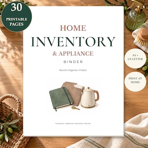 May include: A home inventory and appliance binder cover page with the text Home Inventory & Appliance Binder, Record Organize Protect, and Possessions Appliances Warranties Records. It features a green notebook, a folder, and a kettle.