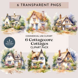 Zestaw akwarelowych clipartów Cottagecore Cottages z 6 przezroczystymi plikami PNG do użytku komercyjnego, stworzonych przy pomocy technologii AI.