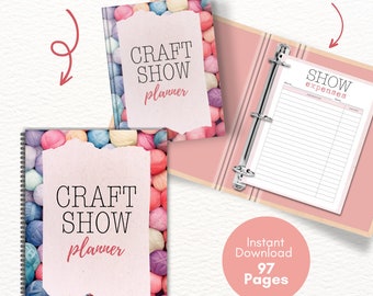 May include: A pink and white printable craft show planner with a yarn ball design. The planner has 97 pages and includes a section for show expenses. The text "CRAFT SHOW planner" is printed on the cover.