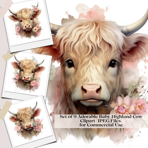 Set of 9 Adorable Baby Highland Cow Clipart (JPEG Files) for Commercial Use:crafted with the aid of AI technology