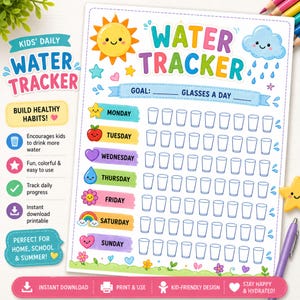 Può includere: Una tabella stampabile per il monitoraggio giornaliero dell'acqua con un sole colorato, una nuvola blu e file di icone di bicchieri per ogni giorno della settimana, da lunedì a domenica. La tabella include il testo WATER TRACKER, GOAL: GLASSES A DAY e icone varie.