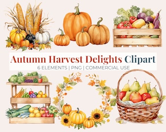 Autumn Harvest Clipart: Watercolor Pumpkins, Corn, Vegetables (PNG, Commercial Use)