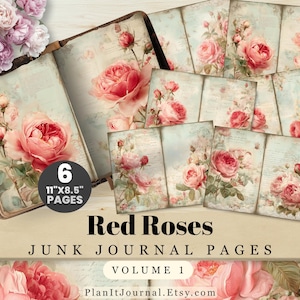 Red Roses Junk Journal Pages – Printable Ephemera Kit – Vintage Floral Paper – Aged Digital Collage Sheets – US Letter – Volume 1