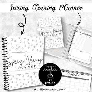 May include: A black and white printable spring cleaning planner with a floral pattern. The planner includes a calendar, cleaning task checklist, and notes pages. The text on the cover reads "Spring Cleaning Planner".