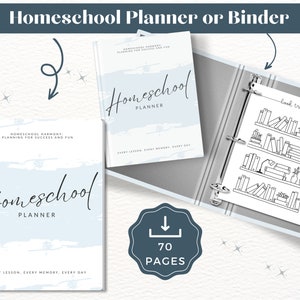 May include: A blue and white homeschool planner with a watercolor background and the text "Homeschool Planner" in a handwritten font. The planner has 70 pages and includes a book tracker page with a black and white illustration of bookshelves.