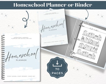 Op de afbeelding: Een blauwe en witte homeschool-planner met een aquarel achtergrond en de tekst "Homeschool Planner" in een handschrift. De planner heeft 70 pagina's en bevat een boekentrackerpagina met een zwart-witte illustratie van boekenplanken.