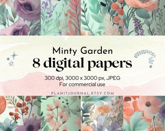Minty Garden Digital Paper Set: Floral Scrapbook Paper (Commercial License)