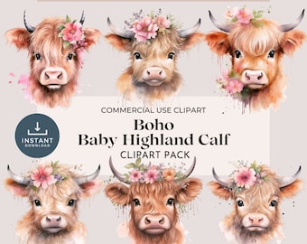 Highland Kuh Aquarell Clipart: Kommerzielle Nutzung (PNGs)