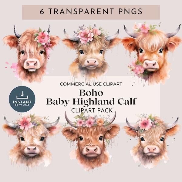 Boho Baby Highland Cow Watercolor Clipart Set for Commercial Use: 6 Transparent PNGs crafted with the aid of AI technology