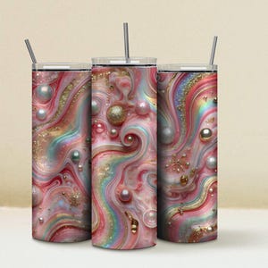 Rainbow Marble Tumbler Wrap: Neon Gold Glitter PNG (20oz)