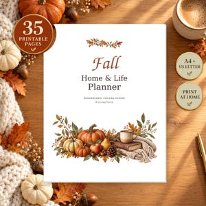 May include: A white planner cover titled Fall Home & Life Planner with text reading Seasonal plans, everyday routines & a cosy home. The design features a watercolor illustration of pumpkins, an apple, a pear, a pinecone, and a mug on a book.