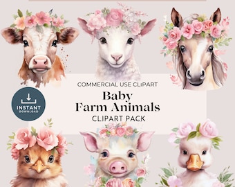 Cute Farm Animals Clipart, Watercolor Baby Farm Animals Set with Commercial Use: 6 Transparent PNG's crafted with the aid of AI technology