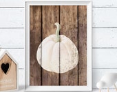 White pumpkin Printable wall art White pumpkin digital print Thanksgiving decor wood wall art Farmhouse fall decor Rustic Wall Art