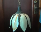Vintage Large Stained Slag Glass Hanging Lamp Light Fixture Carmel Tulip Retro