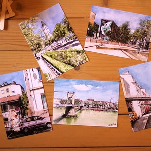 Lot of 5 postcards edited from watercolours from Lyon