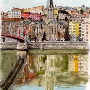 carte postale, A6, éditée à partir d'aquarelle de Lyon