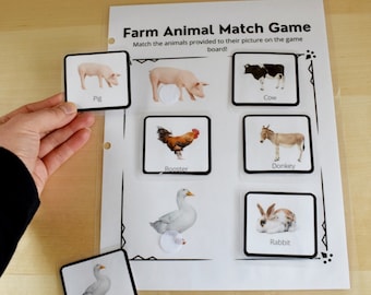 May include: A farm animal matching game with images of a pig, cow, rooster, donkey, duck, and rabbit. The game includes cards with the animals and a game board with the animals' pictures.