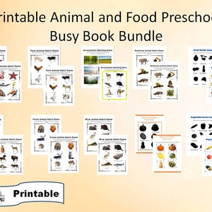 Druckbares Vorschul-Arbeitsblatt-Bundle, Tier- und Lebensmittelabgleich, Homeschool-Ressourcen, Montessori-inspirierte Aktivitäten