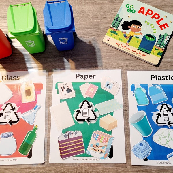 Juego de clasificación de reciclaje, página de libro ocupada, actividad para niños pequeños, actividad preescolar, recursos para educación en el hogar, aprendizaje en el hogar, estudio unitario, juego para niños pequeños