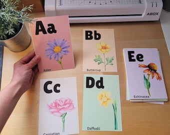 Cartes alphabet fleurs, Cartes fleurs aquarelles, Activité pour tout-petits, Activité préscolaire, Cartes imprimables, Cartes Montessori, Ressource pour l'école à la maison