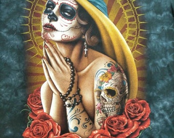 Mexican Day of the Dead themed tattoo lady festival Art. bracket framed and ready to hang Canvas Scroll Wall Art  banner poster