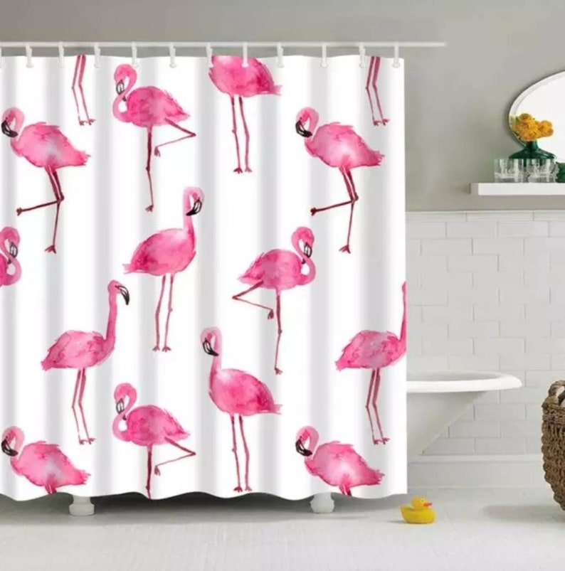 Uplifting Feel Good Bathroom Decor Pink Flamingos Shower and Bath Curtain Set