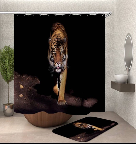 Tiger Shower Curtain And Bath Mat Set, Tiger Shower Curtain Set