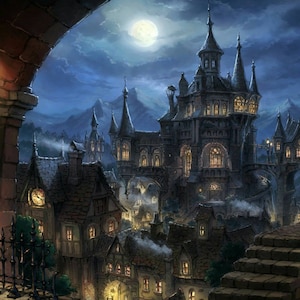 Fantasy Art Gothic Village  by night. bracket framed and ready to hang Canvas Scroll Wall Art  Decor