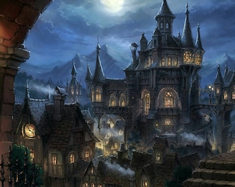 Fantasy Art Gothic Village  by night. bracket framed and ready to hang Canvas Scroll Wall Art  Decor