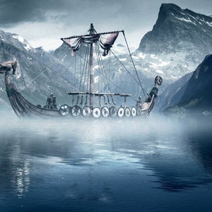 Viking Ship in misty fjord in front glacier mountain peaks Flag Banner Wall Hanging Tapestry Wall Art Decor.