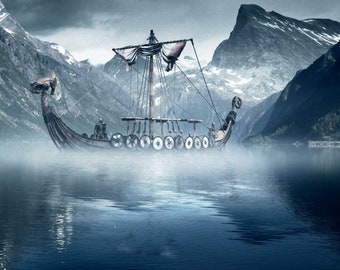 Viking Ship in misty fjord in front glacier mountain peaks Flag Banner Wall Hanging Tapestry Wall Art Decor.