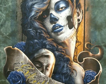 Mexican Day of the Dead themed tattoo lady festival Art. bracket framed and ready to hang Canvas Scroll Wall Art  banner poster