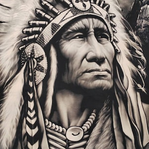 May include: A black and white portrait of a Native American man wearing a traditional headdress with feathers. He is looking upwards and to the right, with a serious expression on his face. He is wearing a beaded necklace and a fur-lined garment.