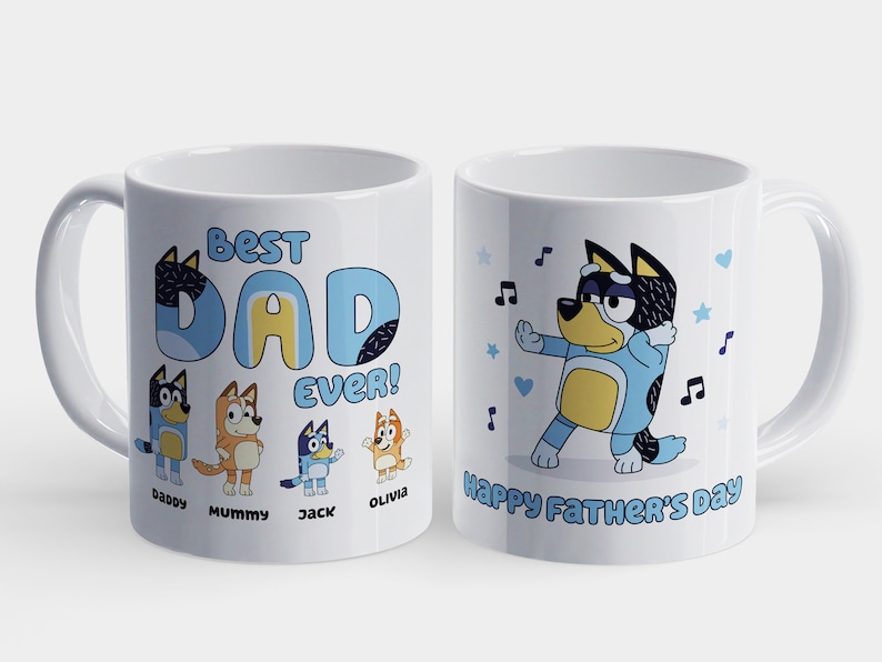 Personalised Bluey Mug, Gift for Dad, Fathers Day Gift, Best Dad Ever, Gift for Daddy, Create Your Own Bluey Family, Mug for Dad, Bluey Mug Happy Father's Day
