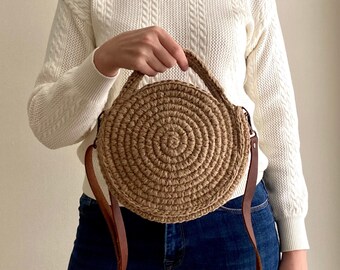 Jute shoulder bag, Round jute bag, Woven Jute bag, Mini Jute bag with leather handle, boho bag, crossbody bag, Ukrainian Shop