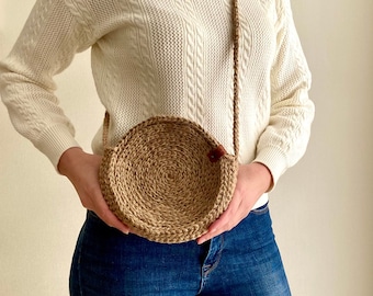 Jute bag, Round crochet bag, Eco friendly bag, boho bag, jute shoulder bag, jute crossbody bag, natural bag, Ukrainian Shop