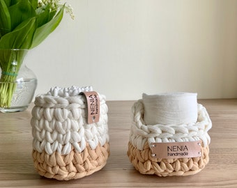Set of 2 Crochet small baskets for bathroom shelf, round baskets for cosmetics, storage for bathroom