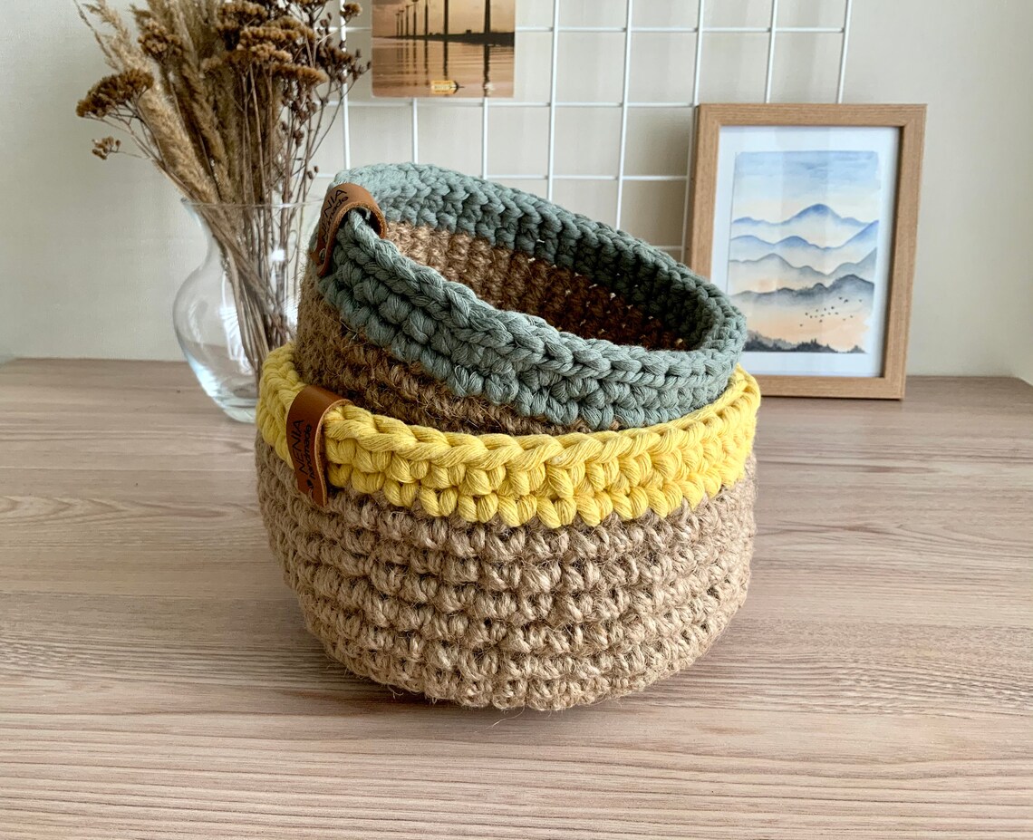 Crochet storage basket with green cotton rope edge jute Etsy