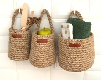 Crochet hanging basket | Set of 3 crochet hanging baskets | Kitchen storage baskets etc.