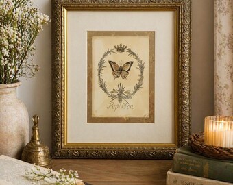 Decoración de pared con mariposas de estilo vintage / Lámina “Papillon” de Kathryn White / Marco dorado