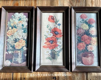 Juego de 3 láminas litográficas florales vintage de Robert Laessig “A.N.A.” – Arte mural botánico de mediados de siglo