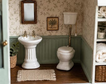 Vintage Dollhouse Bathroom Set | Porcelain Sink, Toilet Fixtures, Mini Decor