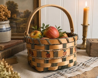 Panier à pommes vintage | Panier de rangement en bois tressé à la main avec poignée | Décoration de ferme rustique