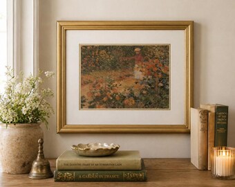 Cuadro de Monet estilo vintage / Litografía enmarcada “En el jardín II” / Marco dorado