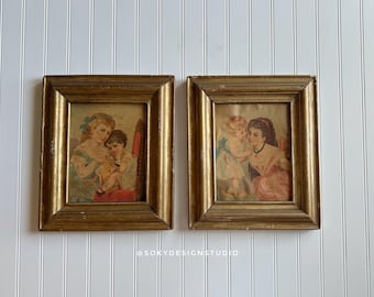 Juego de láminas infantiles antiguas de 1868 con marcos dorados, estilo victoriano.