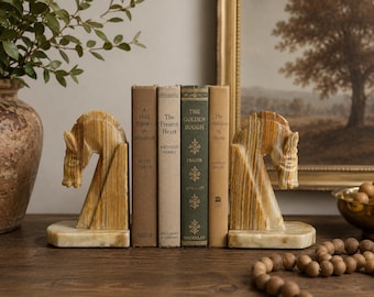 Vintage Hand Carved Onyx Trojan Horse Bookends | Mid Century Equestrian Sculptures Pair