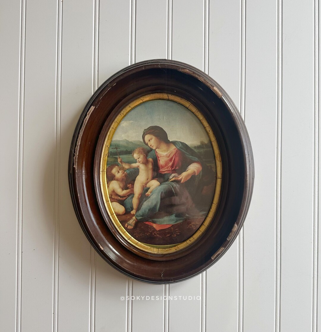 Antique Oval Wood Frame With Madonna & Child Print | Alba Madonna Style ...